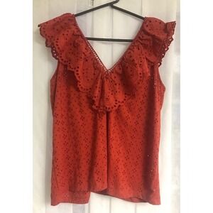 Loft Womens Eyelet Ruffle V-Neck Sleeveless Top Burnt Orange Rust Size L